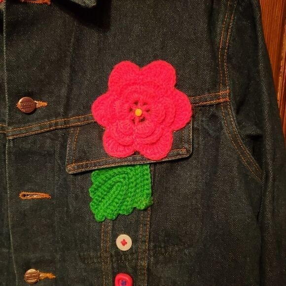 Vintage Denim Jacket Crochet Cross stitch Flowers - Picture 4 of 8
